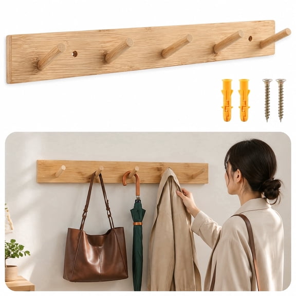 Wooden Coat Hanger with 5 Hooks, XISELI 15inch Heavy Duty Natural Coat Rack Wall Mount Decorative Wall Hooks for Entrances, Behind Doors, Living Rooms, Bathroom