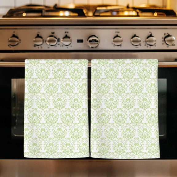 Green Baroque Kitchen Towels Set of 2, Abstract Art Floral Pattern Absorbent Dish Towels for Kitchen, Microfiber Hand Towel, Quick Drying Tea Towel for Cleaning Decorative Dishcloths