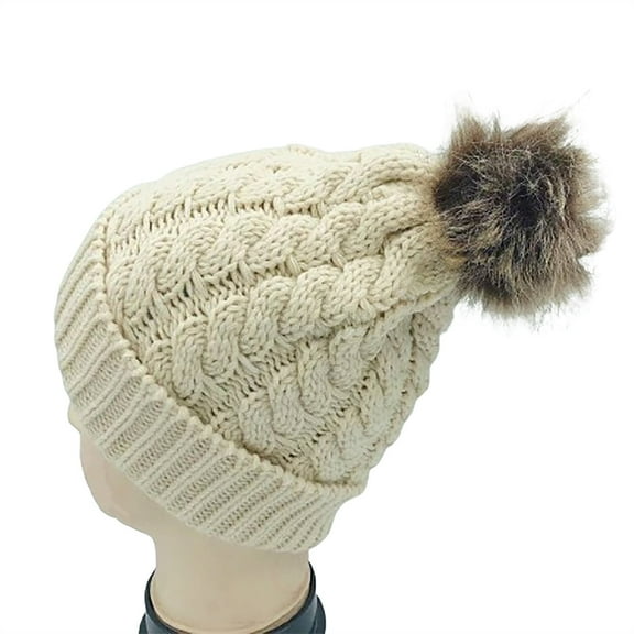 Xfvqtps Womens Beanie Knit Crochet Cuffed Fuzzy Pompom Solid Color Ribbed Chunky Stretch Windproof Coldproof Warm Outdoor Versatile Thickened Soft Fall Winter Skull Cap Beige