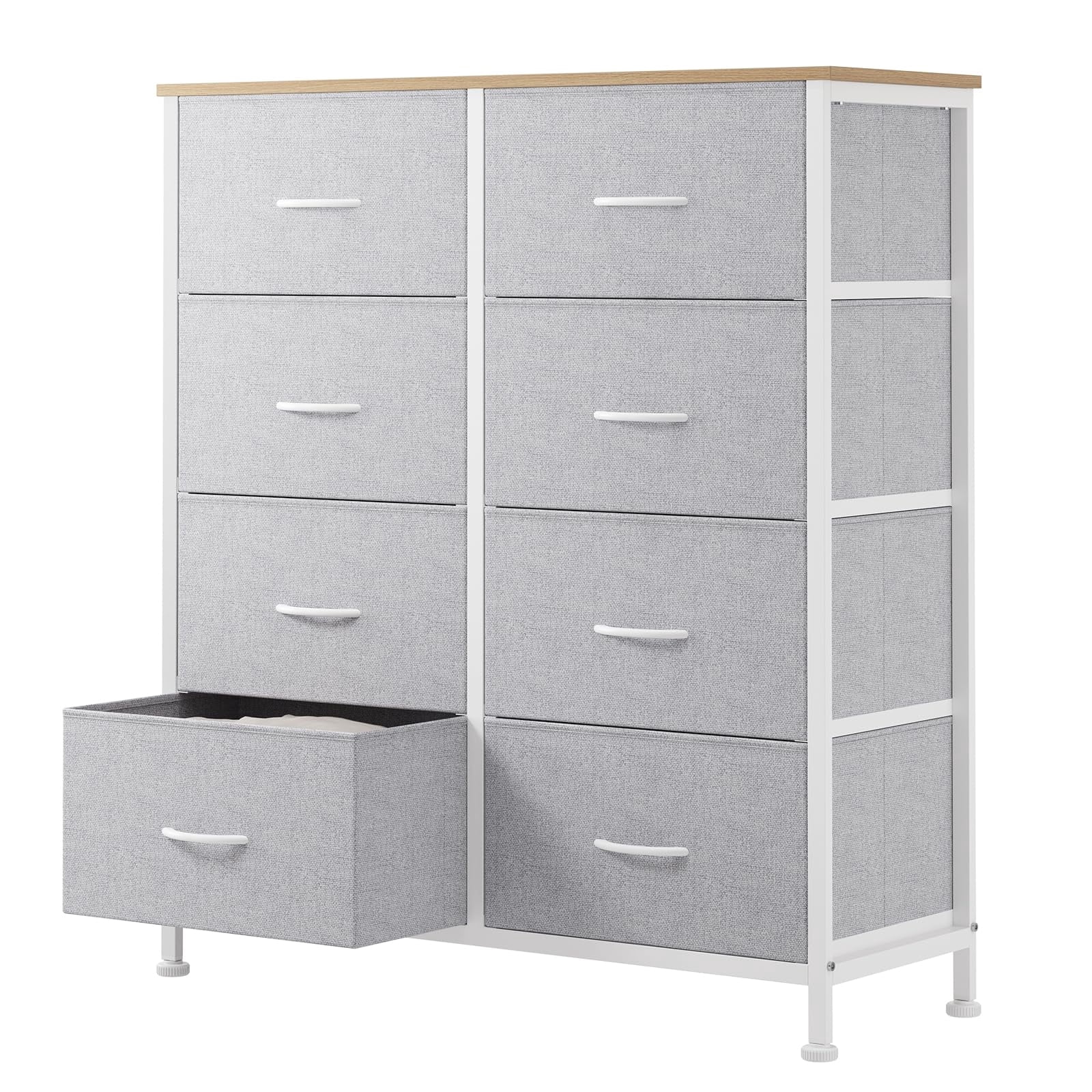 Telyra 8-Drawer Fabric Dresser Tall Storage Tower with Wood Top and Steel Frame Bedroom Closet Organizer, Light Gray