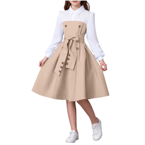 Afuyipoi Dress Shirts for Girls,Button - down Collar Knee-Length Long Sleeves Casual Dress Khaki 9-10