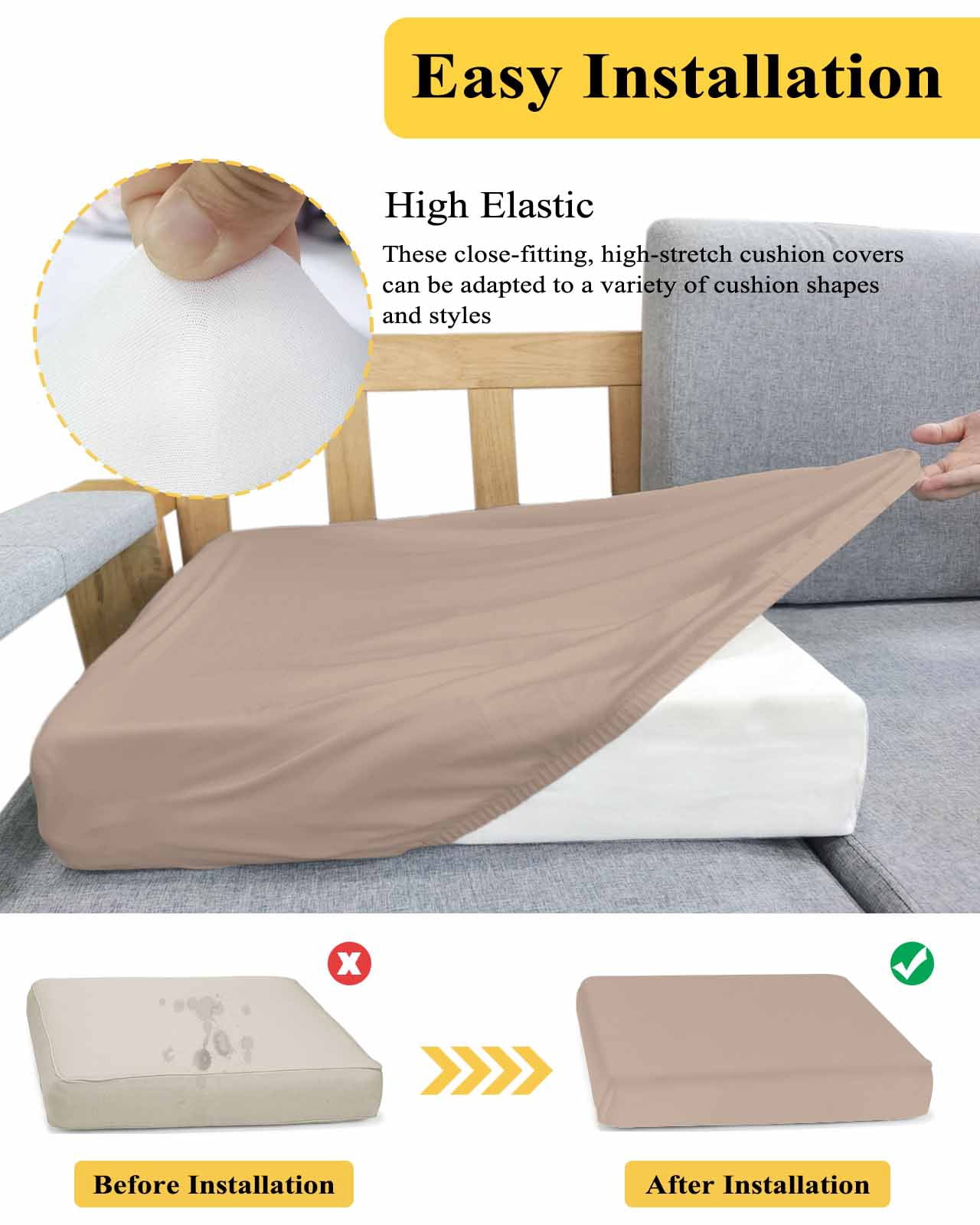 Warm Beige Couch Cushion Covers Stretch, Washable Sofa Seat Covers Individual Seat Cushion Sofa Slipcovers Solid Color Farmhouse Beige Couch Cover Furniture Protector S-1PCS