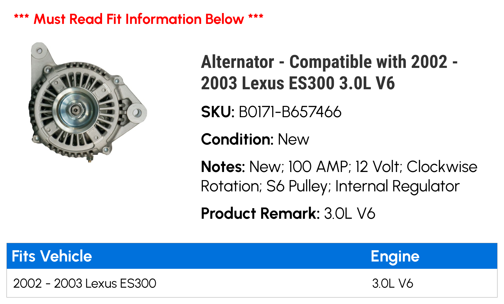 New 80A Alternator For Lexus ES300 1997-2001 3.0L – 12V With 6-Groove Pulley