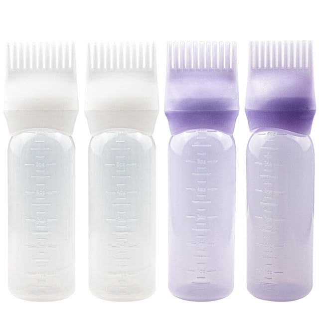 ZGQHZR 4 botellas aplicadoras de peine de raíz, aplicador de aceite para el cabello, botella aplicadora de aceite para el cabello, champús, peluquerías, 6 oz (2 blancos+2 morados)