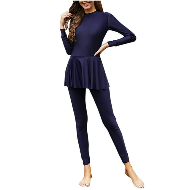 Retro Swimsuit for Women Solid Color Long Sleeve 1 Pc Swimsuit with Long Swim Trunks 3 Pc Set