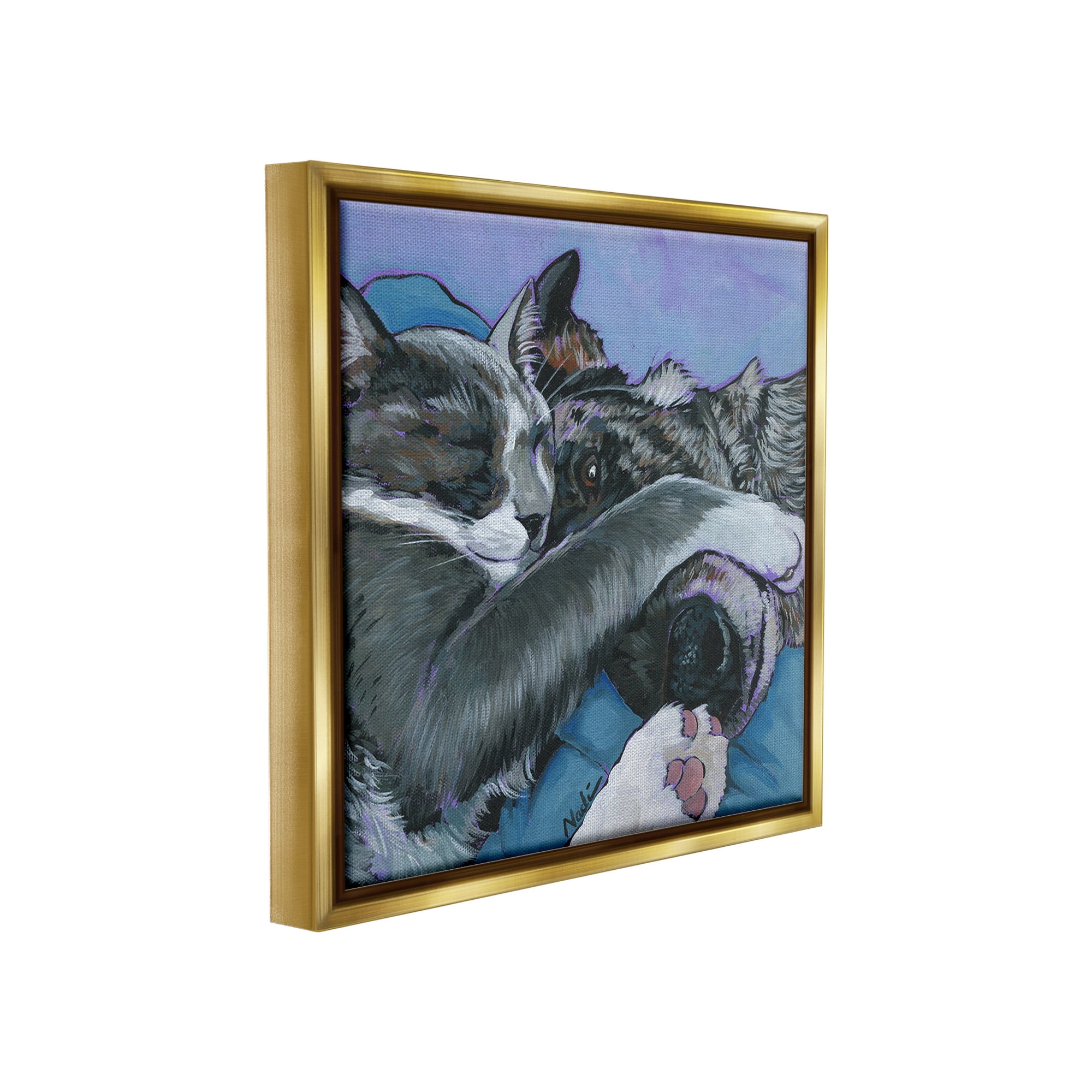 Stupell Industries Cat & Dog Sleeping Animals & Insects Painting Gold Floater Framed Canvas Art Print Wall Art, 18 x 18