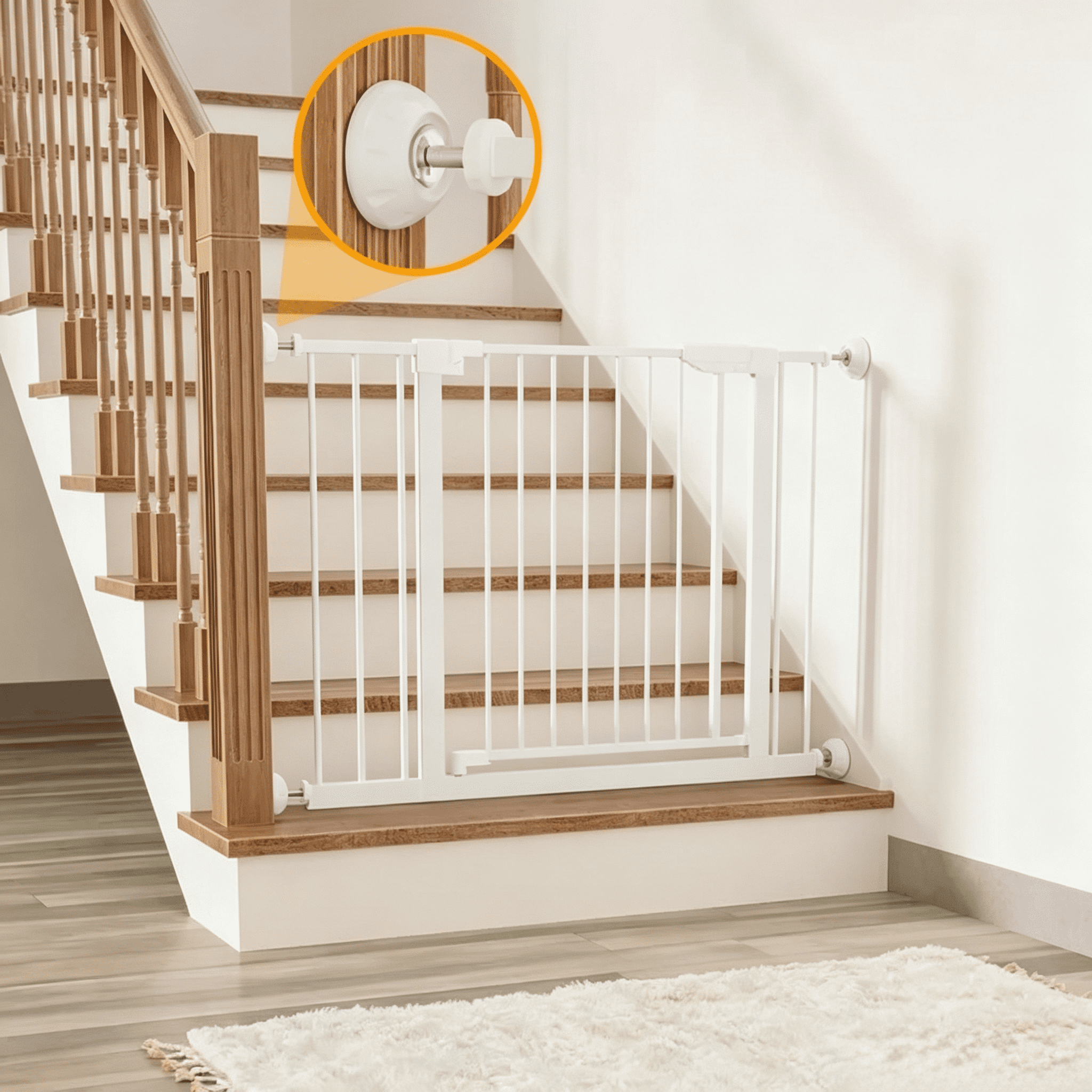 29.5-45.3" Wide Baby Gate with wall protector for Stairs, Dog Gate Indoor for Doorways, No Drilling Pressure Mounted Pet Gates for Kids, Easy Walk Through Safety Gate, White