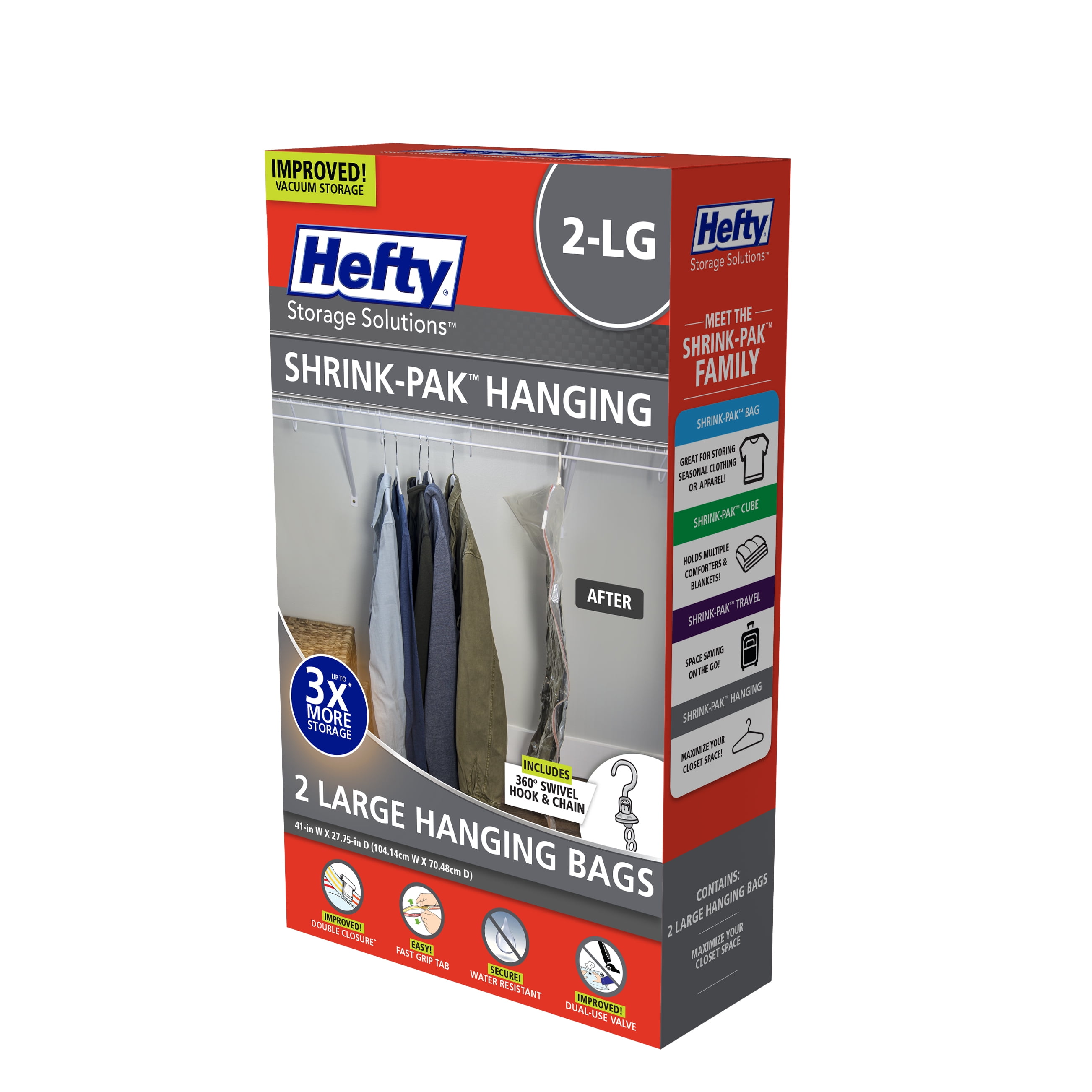 Hefty SHRINKPAK 2 Large Hanging Bags, Vacuum Compression Storage
