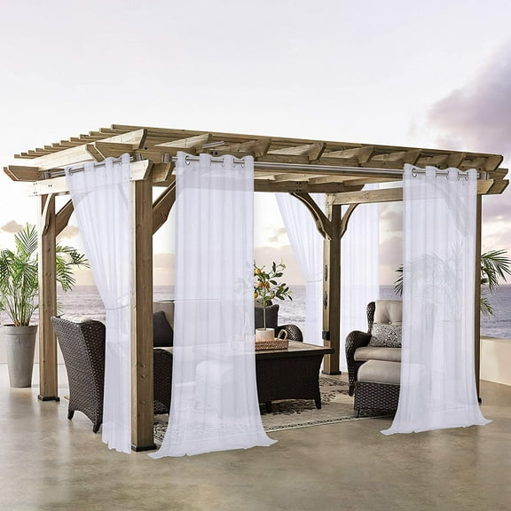Rosnek Outdoor Linen White Sheer Curtains for Patio Waterproof 52 x 84inch Grommet Semi-Sheer Voile Drape for Living Room, Porch, Pergola, Gazebo, 1 Panel