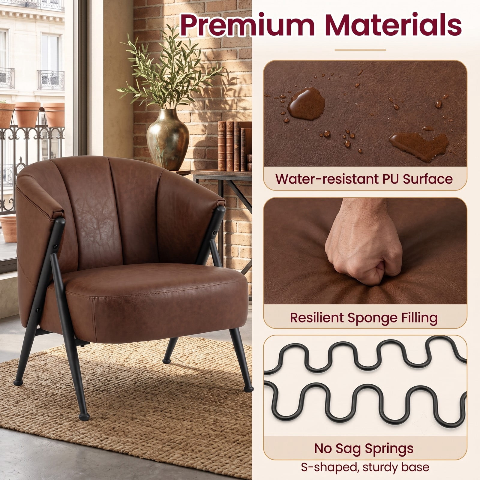 Furnibear Mid Century Modern Accent Chair, Comfy Upholstered Armchair with Curved Backrest and Wide Seat, 352 lbs Capacity Reading Lounge Chair for Living Room, Brown