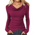 thumbnail image 2 of Women's Slim Fit Cowl Neck Sweater, Ribbed Knit Ruched Top, Long Sleeve Casual Shirt, Solid Color Basic Top, Everyday Wear Tops, Draped Cowl Neck Sweater Hot Pink XXL, 2 of 8