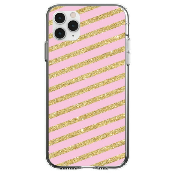 DistinctInk Clear Shockproof Hybrid Case for iPhone 11 (6.1" Screen) - TPU Bumper, Acrylic Back, Tempered Glass Screen Protector - Pink & Gold Print - Diagonal Stripes Pattern