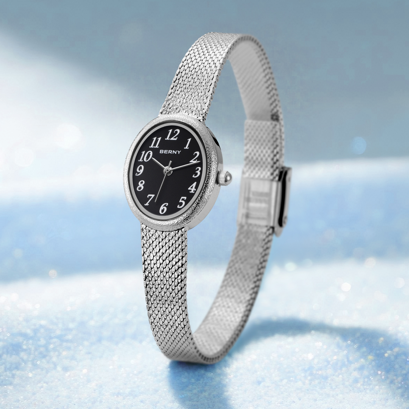 BERNY Small Silver Watches for Women, Dainty Easy to Read Oval Dial, Vintage Stainless Steel Bracelet Watch, Adjustable Mesh Band, Waterproof, Luxury Ladies Analog Quartz Wrist Watch Gifts (Black)
