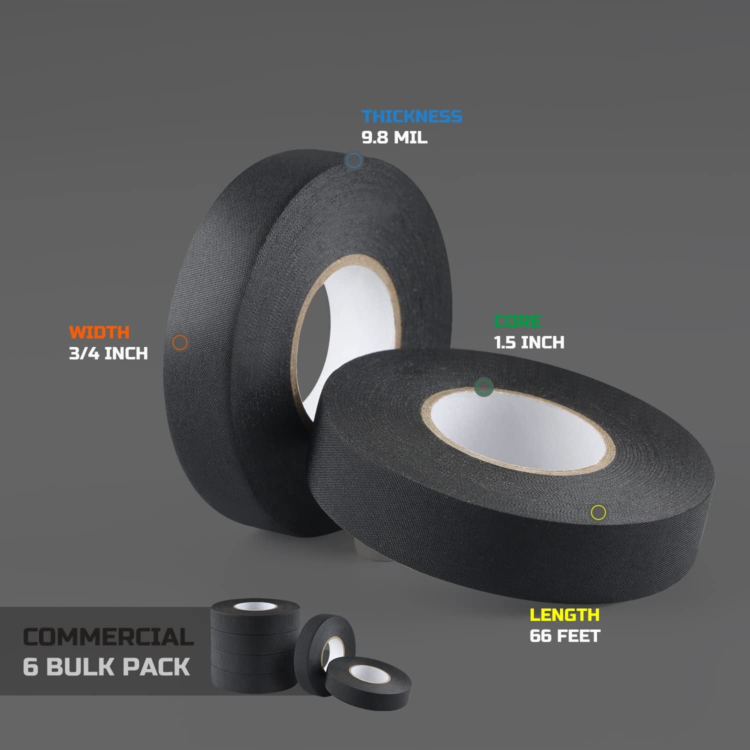 6-Pack Wire Harness Tape, Cloth Electrical Tape Automotive, Thicked 9.8 mil x 3/4 in x 66ft, No  Fabric High Temp Wiring Loom Tapes, B106