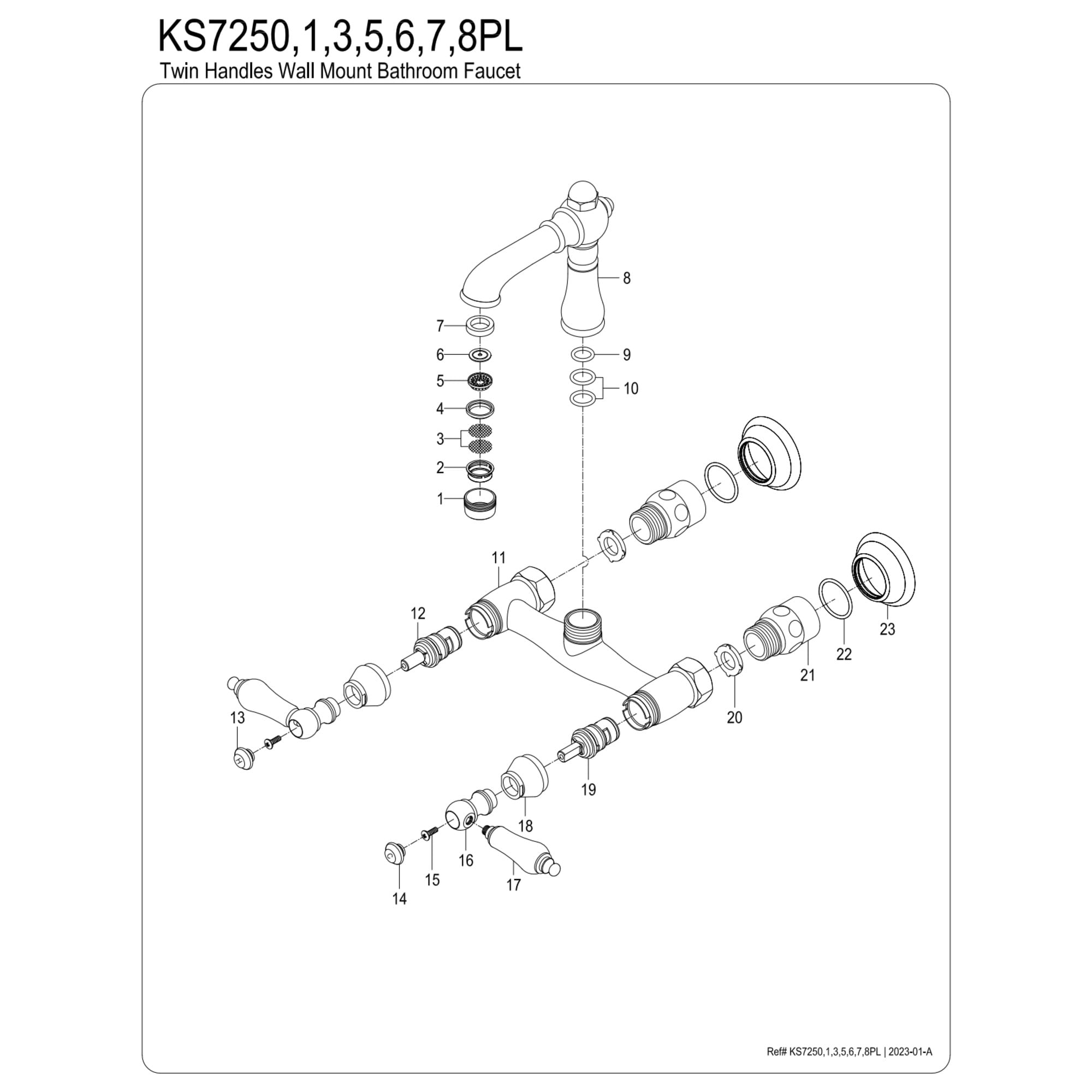 Kingston Brass KS7256PL English Country Double-Handle 2-Hole Wall Mount Bathroom Faucet in Polished Nickel