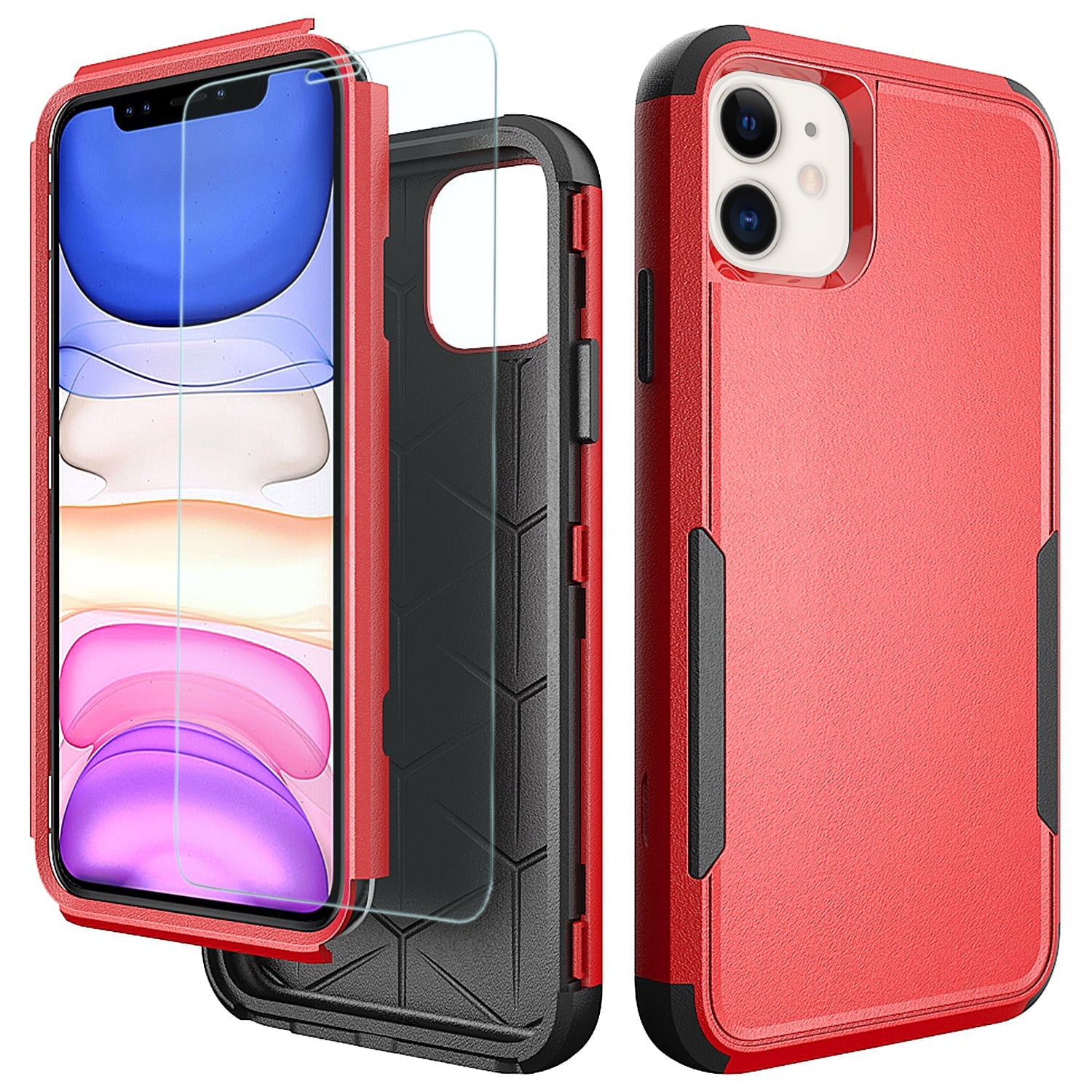 TJS Compatible with iPhone 11 Case with Tempered Glass Screen Protector, Heavy Duty Rugged Shockproof Full Body Protection Phone Cover (Red)