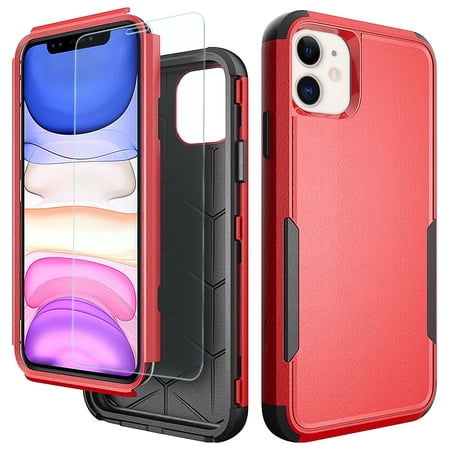 TJS Compatible with iPhone 11 Case with Tempered Glass Screen Protector, Heavy Duty Rugged Shockproof Full Body Protection Phone Cover (Red)