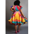 thumbnail image 2 of Plus Size Multicolor Abstract Print Satin Dress, High Neck Puff Sleeve Fit-and-Flare Ruffled Hem Cocktail Party Gown, 2 of 6