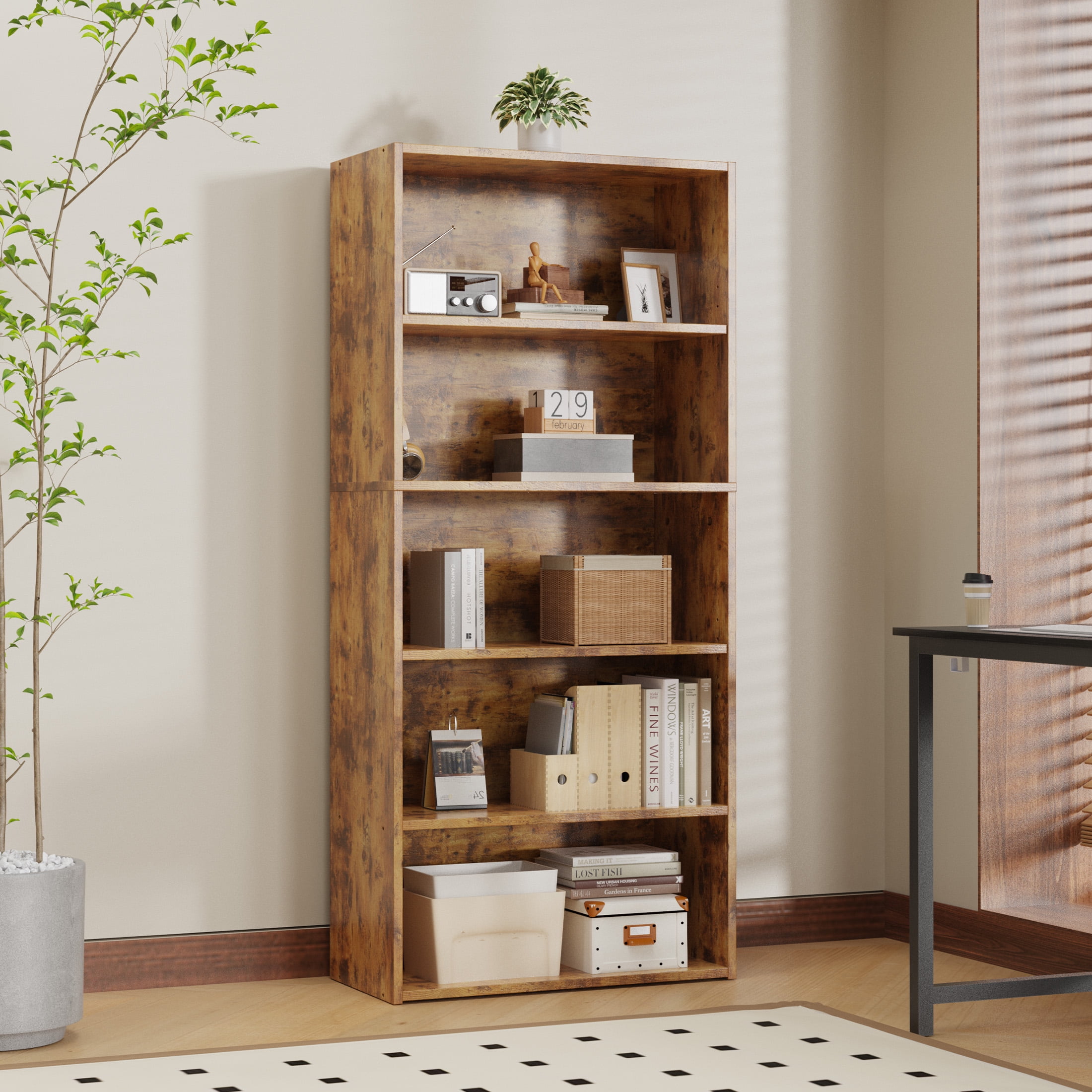 EDX 5 Tier Bookcase Storage, 53 Inch Large Tall Floor Standing Open Bookshelf for Home Office, Living Room, and Bedroom, Rust