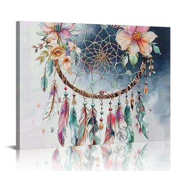 ZFLMY Dream Catcher Canvas Art Print Feathers Flowers Wall Decor 16x12in