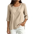 thumbnail image 2 of Yrmaups Loose Fit 3/4 Sleeve Blouse for Women, Casual Round Neck Pullover Top, Soft Solid Tshirt for Summer Daily Office Travel Wear, Khaki XL, 2 of 8
