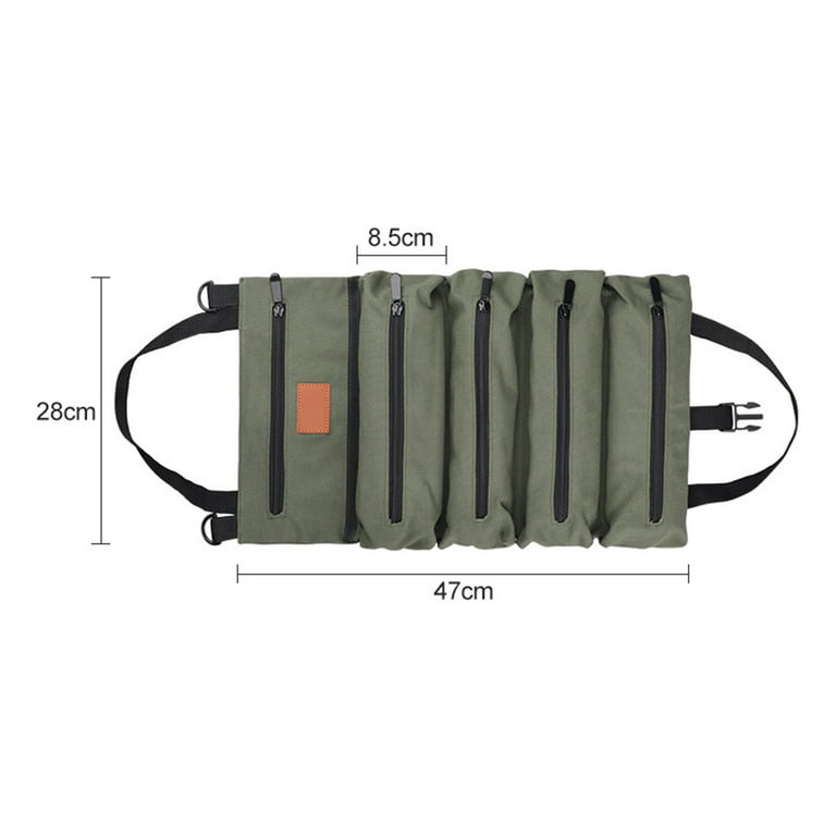 Canvas Roll-Up Tool Bag, Multi-Purpose Tool Roll Pouch Tool Organizer with 5 Zipper Pockets Carrier Bag for Car Motorcycle Storaging Wrenches, Sockets