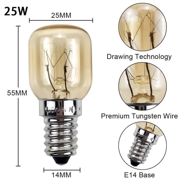 Paquete de 2, E14 T25 25W 120V Bombilla para horno Bombilla resistente al calor - Bombillas para microondas E14 120V Resistente al calor