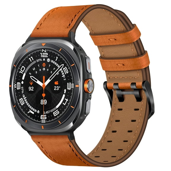 Genuine Leather Bands Compatible with Samsung Galaxy Watch Ultra 47mm (2025/2024), for Men Women Replacement Strap with Stainess Steel Connector Metal Buckle, Business Classic Band, Orange