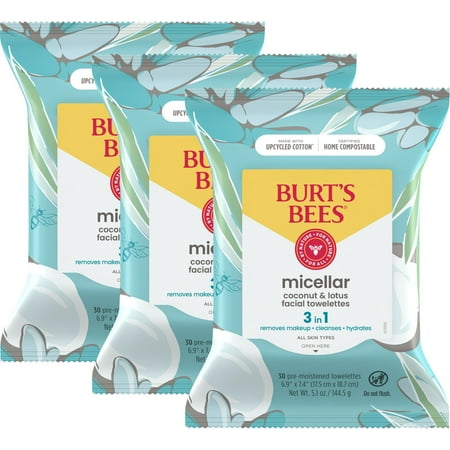 Burt's Bees Micellar Facial Towelettes With Coconut and Lotus, 99.5 Percent Natural Origin, 30 ct. Package (3-Pack)