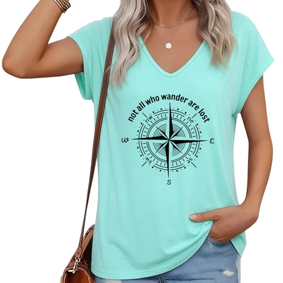 UNISHE Women V-Neck Cap Sleeve Travel Quote T-Shirt Loose Fit Not All Who Wander Are Lost Compass Top
