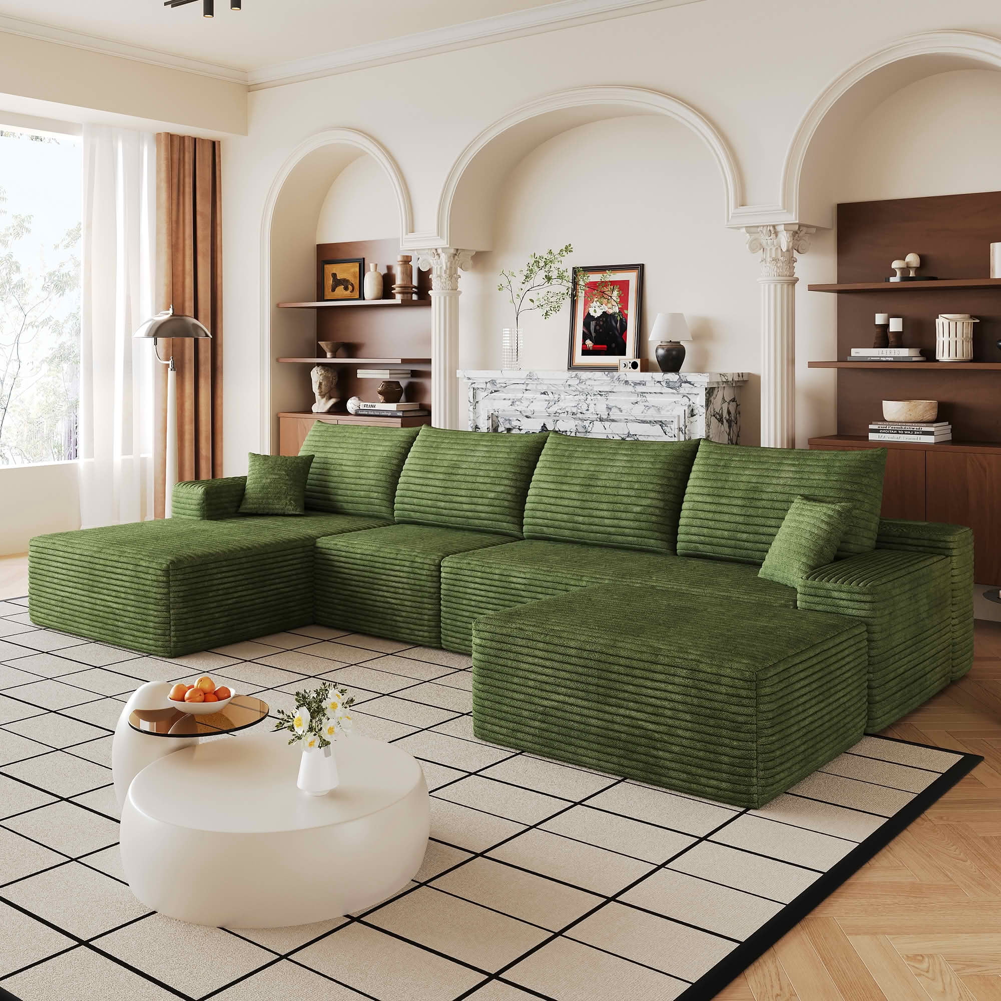 MAYEERTY 135" Cloud U-Shaped Sectional Sofa with 1 Ottoman, Plush Corduroy Deep Seat Modular Couch, No Assembly Minimalist Sofa for Living Room Apartment
