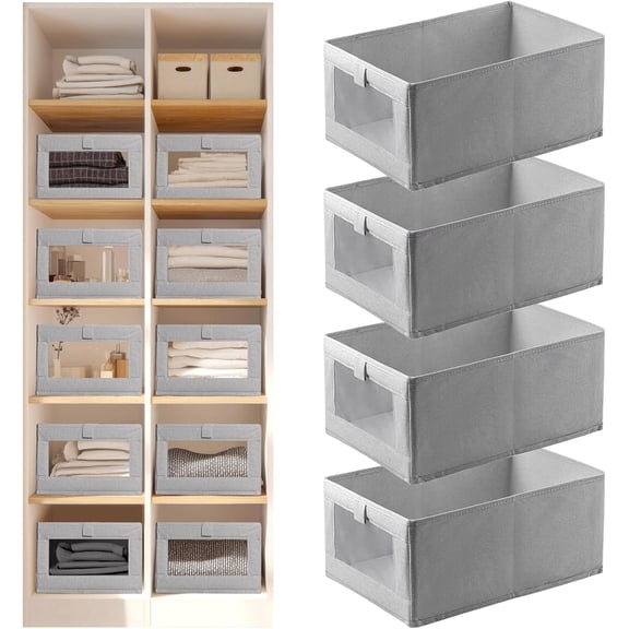 Grey Foldable Closet Organizer Baskets, 4 Pack Storage Bins for Clothing, Towels, Nursery, Books and Shelves