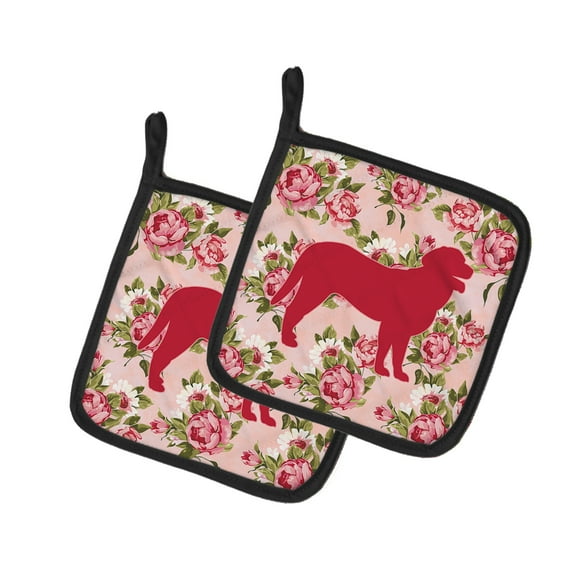 Caroline's Treasures BB1074-RS-PK-PTHD Curly Coated Retriever Shabby Chic Pink Roses Pair of Pot Holders , 7.5HX7.5W,