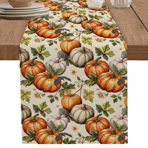 nqOlkjepod Thanksgiving Table Runner 48 Inches Long Farmhouse Dress Scarves, Orange White Pumpkin Fallen Leaves Dining Tablerunner for Coffee Table/Kitchen Island/Party Décor, 13" x 48"