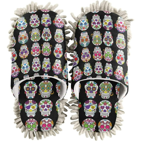 Floral Sugar Skull On Black Mop Slippers Shoes, Microfiber Cleaning House Slippers Spa Dusting Slippers Home Shoes for Men Women M