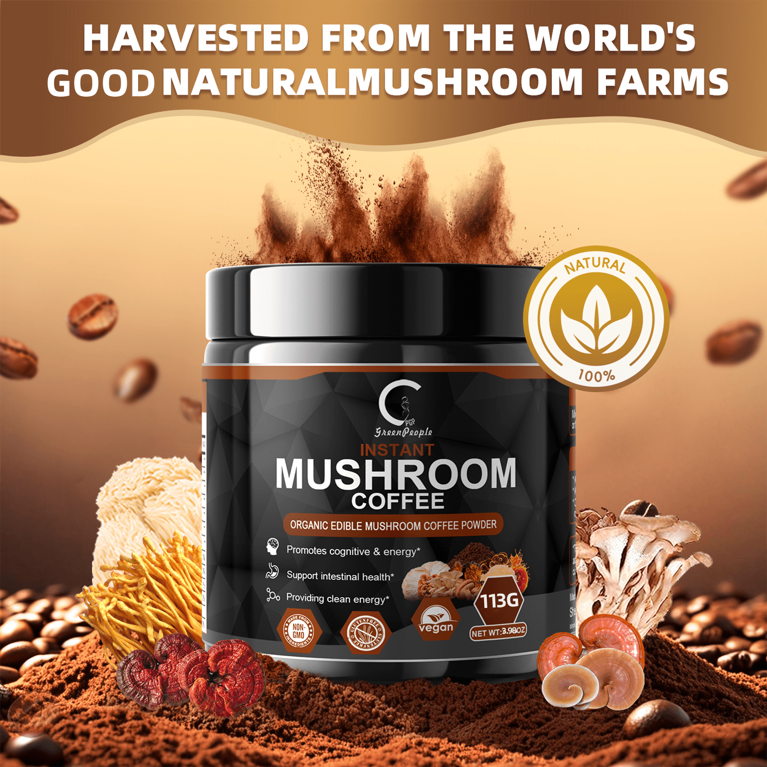 (2 PACK)GPGP Greenpeople Mushroom Coffee Powder Instant, Premium Mushroom Coffee Supplement for Energy, Focus, 8oz Total