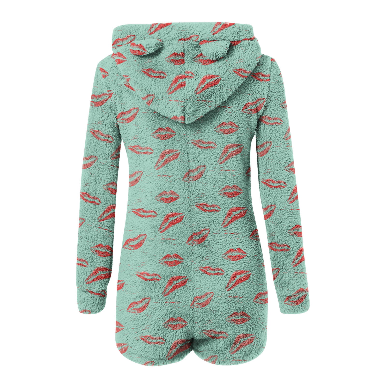 Womens Long Sleeve Onesies Pajamas Fuzzy Zip-Up Hooded Romper Warm Short Playsuit Jumpsuit Fleece Sherpa Sleepwear Green, XXL