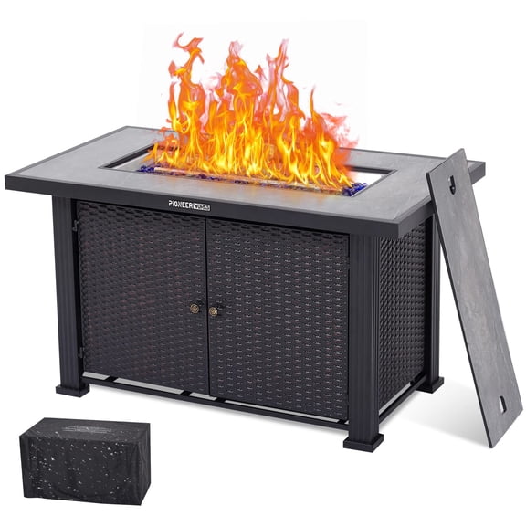 44 Inch Propane Outdoor Fire Pit Table, 50000BTU , Slate Tabletop with Hidden Ignition, Glass Stones & Rain Cover for Garden Patio Outdoor Use