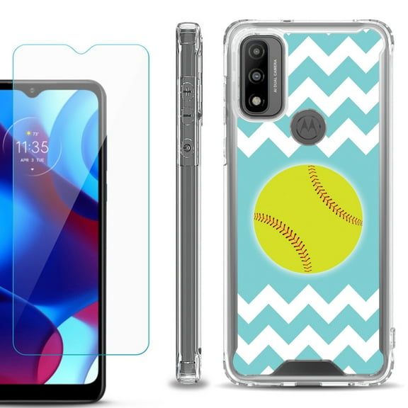 Shockproof Bumper Phone Case for Motorola Moto G Pure, with Tempered Glass Screen Protector, by OneToughShield ® - Chevron/Softball