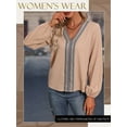 thumbnail image 6 of QAFOPEH Women Contrast Color Guipure Lace V Neck Long Sleeve Textured Top, 6 of 7