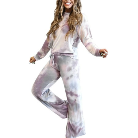 

Glonme Women Pajamas Set Tie Dye Sleepwear Outfits Drawstring Nightwear Suit Pyjama Casual Home Clothes Soft Crew Neck Pjs Gray XL