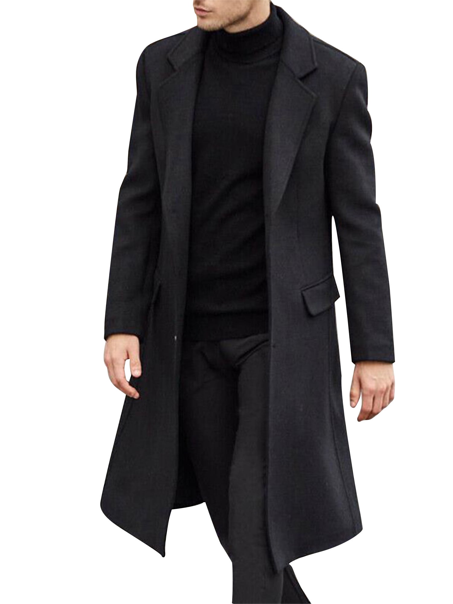 Mens Casual Double-Breasted Lapel Mid Length Wool Trench Coat Outwear