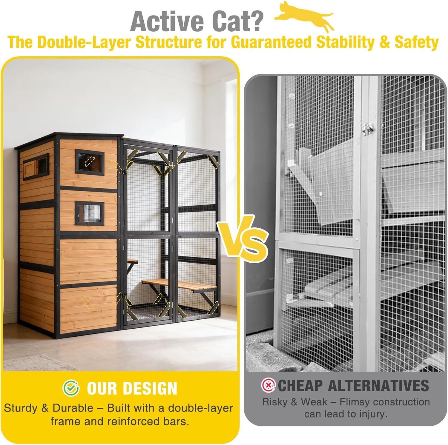 MEDEHOO Large Catio Cat Enclosure Window for Outdoor Cats, Weatherproof Cat House with Roof, Resting Platforms & Windows, Indestructible Feral Cat Shelter for Backyard - Black and Brown