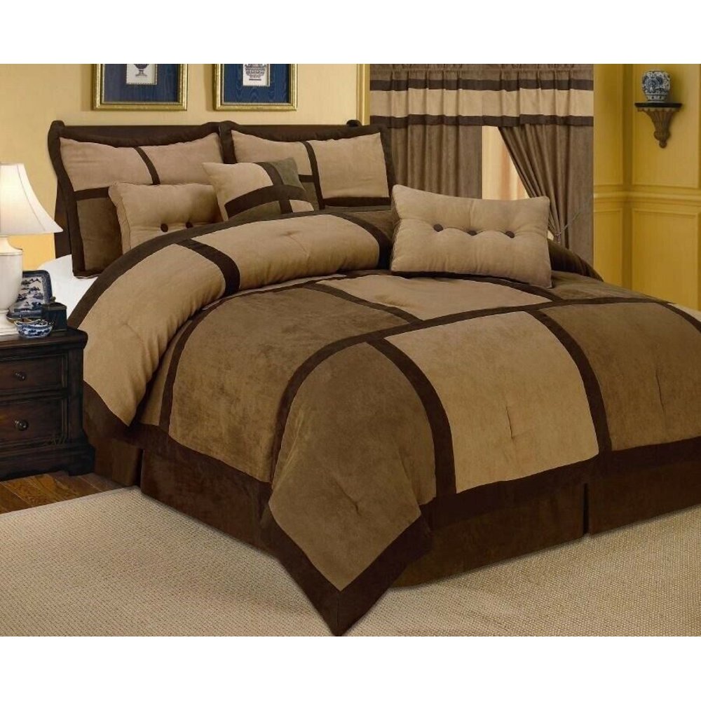 Linen Plus 7 PIECE Micro Suede Brown Tan Patchwork Queen Size Comforter