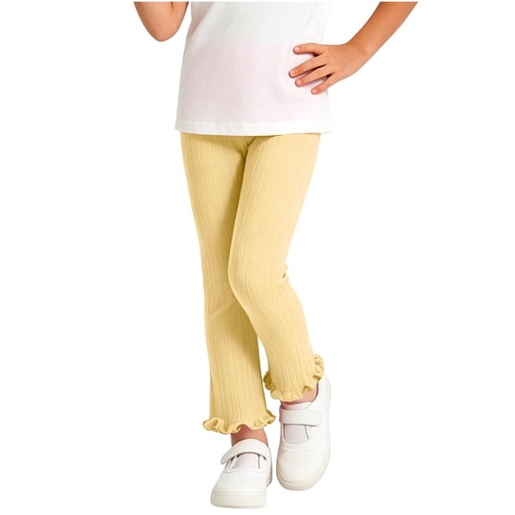 Lmnyox Leggings for Toddler Girls Textured Plain Ruffle Trim Elastic Waist Leggings Casual Fashion Pants