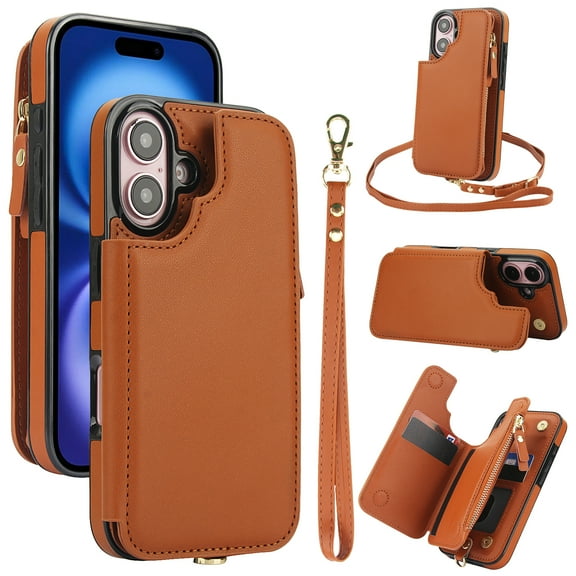 Wallet Case for Apple iPhone 16, with Crossbody Shoulder Strap & Hand Wrist Cards Holder Zipper Pocket Stand Feature Full Protective Shockpoof Phone Case for iPhone 16, Brown