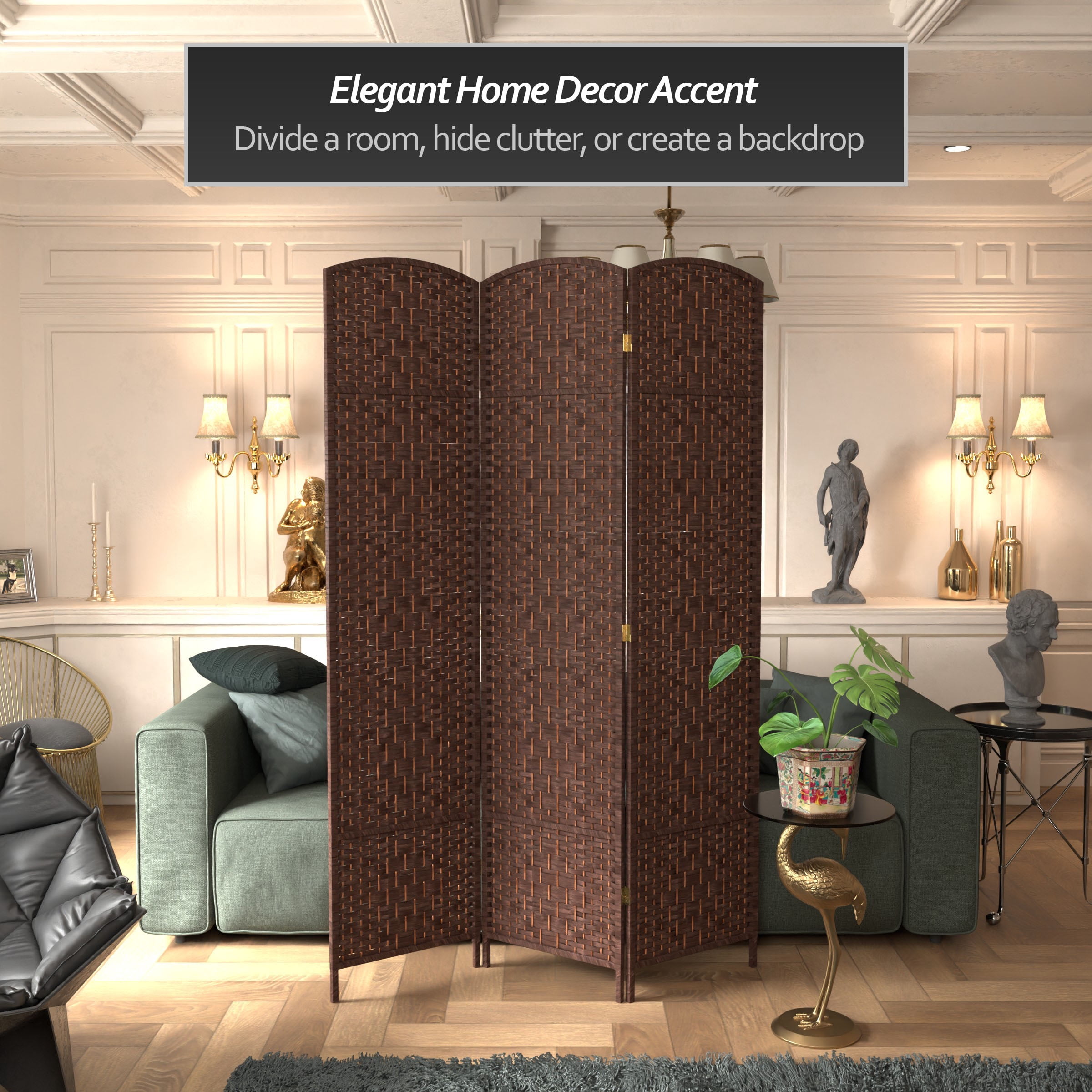 7 ft. Tall Rattan Fiber Diamond Weave Privacy Screen Room Divider - Dark Mocha - 3 Panels