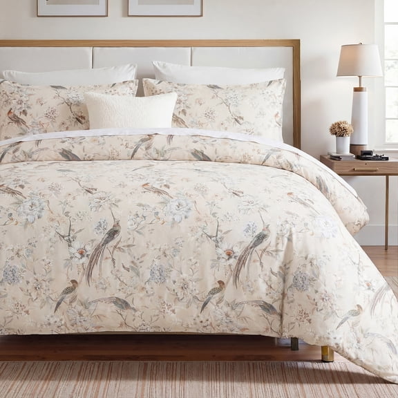 Vintage Botanical Duvet Cover Set King/Queen Size, 100% Cotton 3-Piece Floral Bedding in Sage Green & Dusty Pink, Soft Twill Cotton with 8 Corner Ties & Dual Zipper, Forest-Inspired