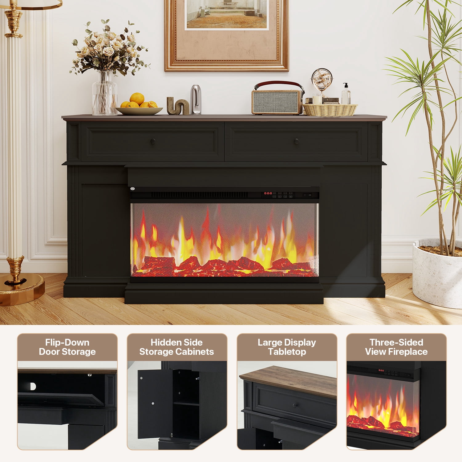 BaPiPro Fireplace TV Stand with 3D Flame Electric Fireplace Heater for up to 75" TV, Farmhouse Entertainment Center with 36″Fireplace for Living Room, White