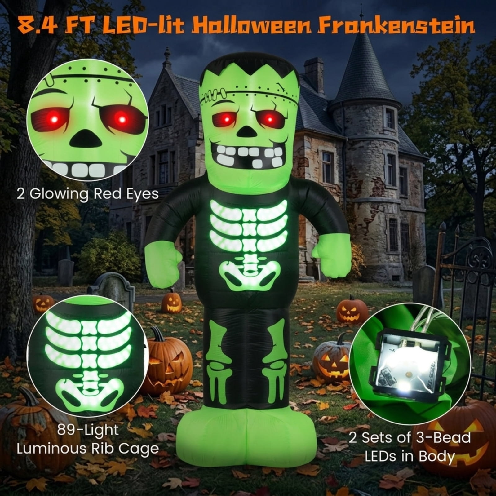 RUIE 8.4 FT Halloween Inflatable Frankenstein, Blow Up LED Lighted Frankenstein Yard Decoration with Stakes for Outdoor Lawn Garden Party